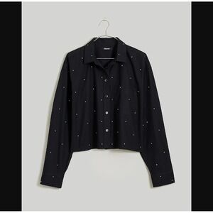 Madewell NEW NWT Womens Medium Poplin Embellished Cropped Button-Up Shirt Black